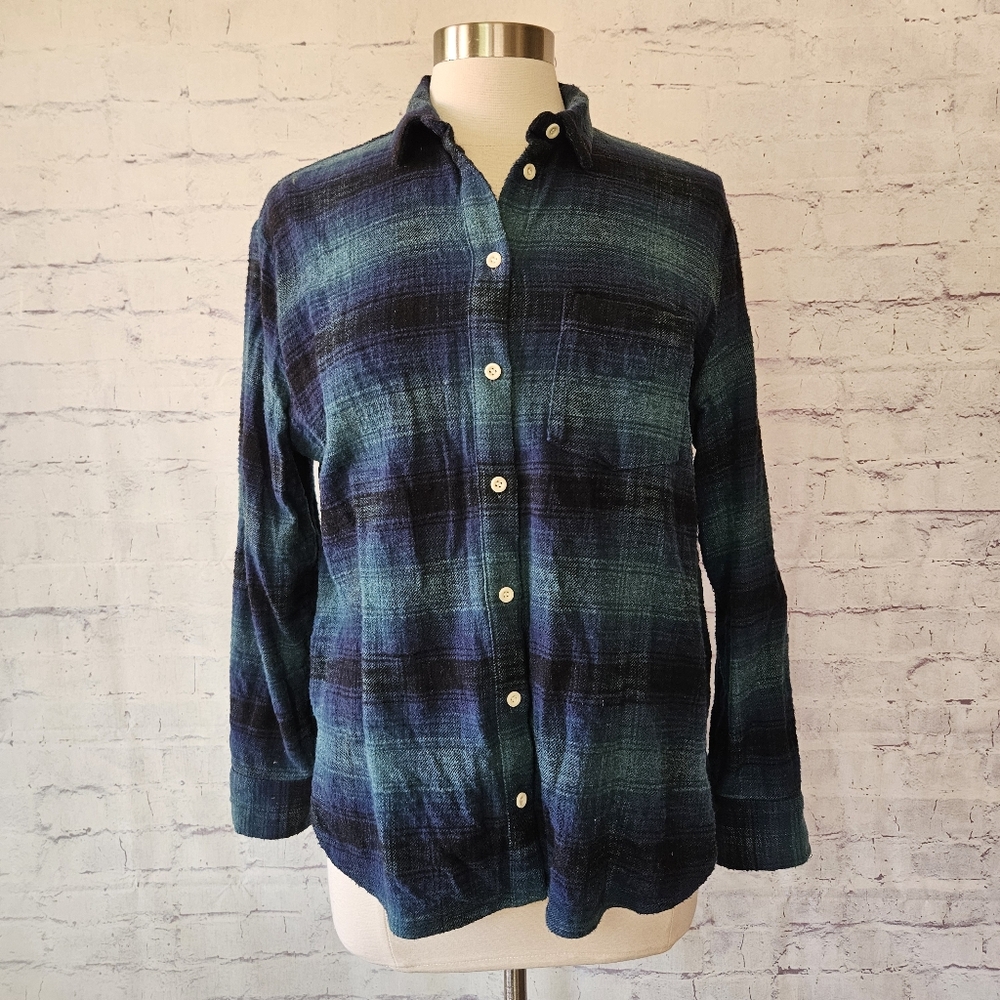 Madewell Slub Flannel Oversized Ex-Boyfriend Shirt In Plaid Blue Green Medium